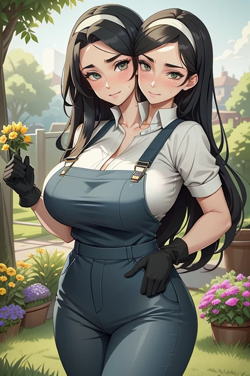 2heads, a tall thin woman with two heads. She is outside in a garden, she is gardening. She has big breasts. She is very tall. She is very skinny. She has long black hair. She looks mature. She has very thick full lips. She is wearing overalls with nothing underneath, and gardening gloves. She is wearing a bandana on her head. She is smiling. She is blushing. She looks sweaty and tired. Mature, milf. Sweating, sweaty.