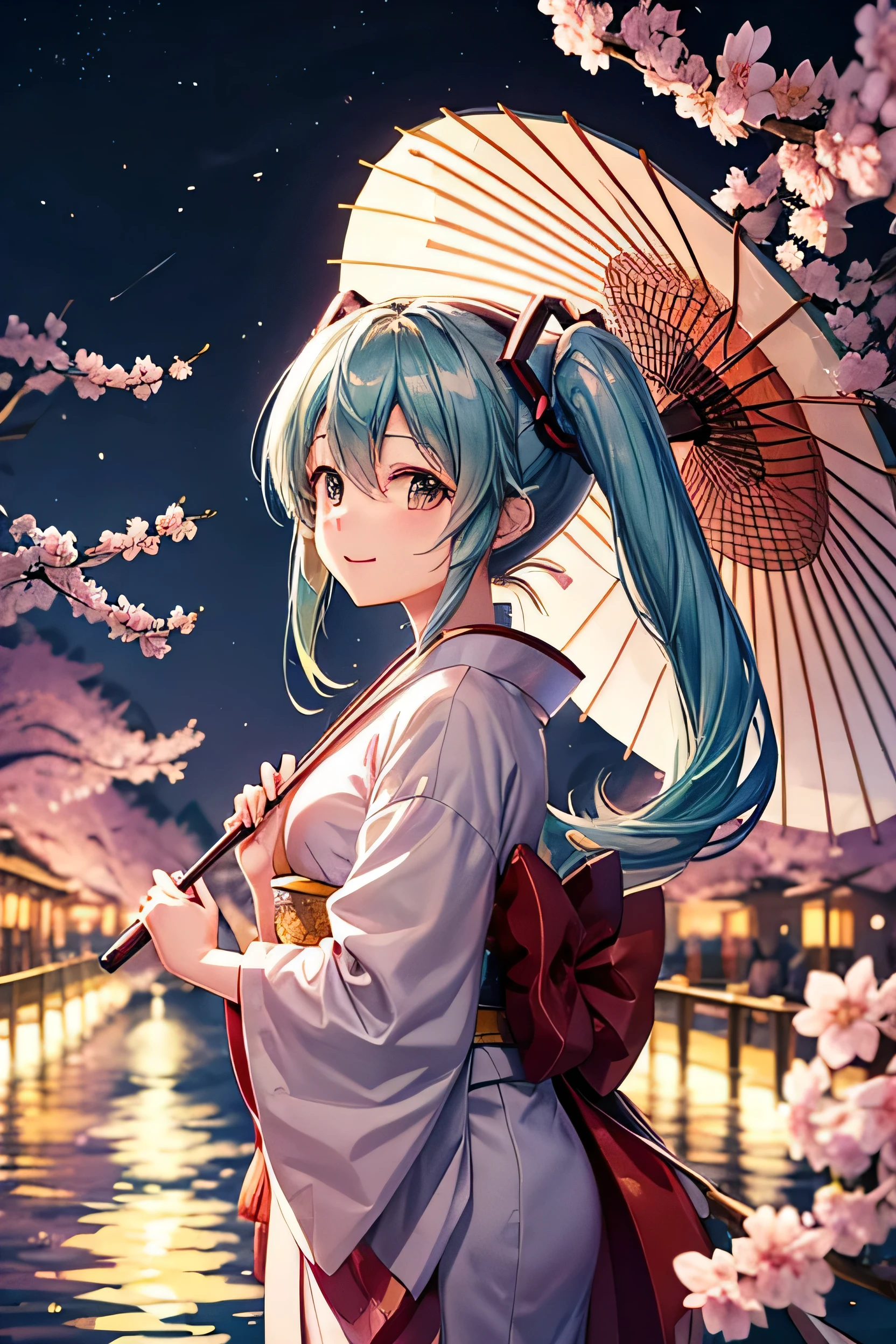 Hatsune Miku、Background Kyoto、kimono、At night、smile、Cherry blossoms in the background、Japanese Umbrella 1、cherry blossoms
