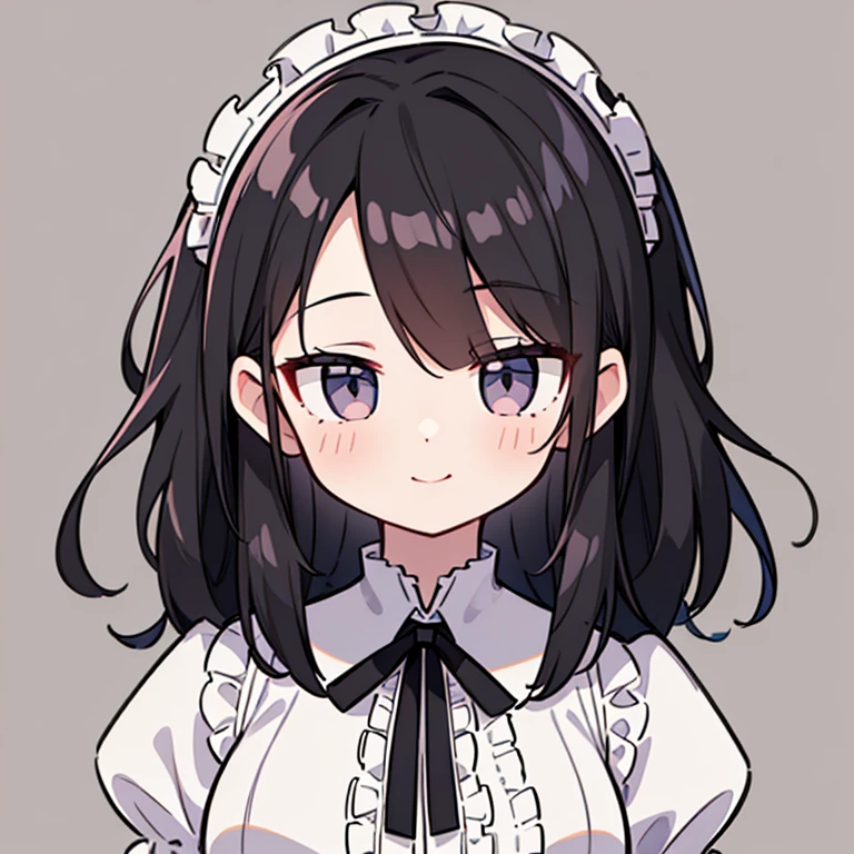 Facing the children_v1:0.24, highest quality, Realistic, 8k, High resolution, 1 girl, woman, (Skin dents), (Portraiture), ((Simple Background:1.62)), Full Color, ((Big round breasts,Lolita,Frills,Race,ribbon)), Look directly at the viewer:1.8, (1 girl eyes looking at viewer:1.55), (Medium length hair, Black Hair, Parted bangs:1.45), (Bokeh),Looking at the audience,smile
