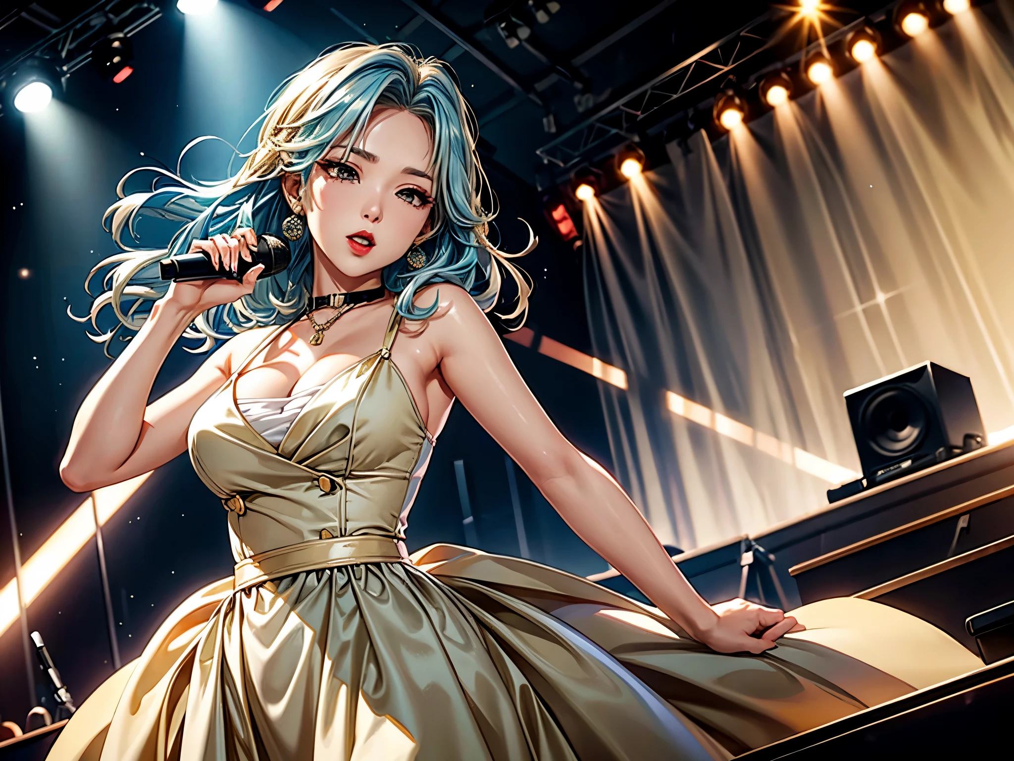 1lady solo, K-POP artist, (singing:1.2) (dynamic posing:1.2), (stylish outfit), mature female, /(brown hair streaked sky-blue hair end/) bangasterpiece best quality:1.2) delicate illustration ultra-detailed, large breasts BREAK, (holding a microphone) , one hand up, BREAK (music stage) indoors, various colored spotlight, audience