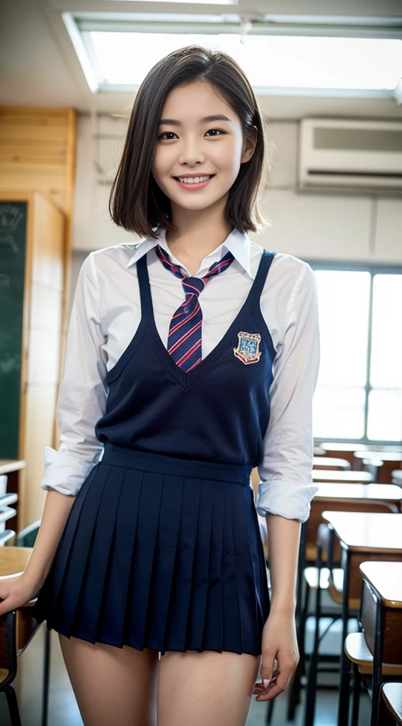 (((full bodyesbian)))、((Girls' High School Uniforms))、((１a person))、short-hair、Close to the subject、((Panties look like you can see))、((a chool classrooms))、(((ssmile)))、(((Girls' High School)))、((a beauty girl))、((sexy  pose))、Photorealsitic、Beautiful detailed eyes、Hyper-Realism、highcontrast、Ultra HD、realistic skin textures、Top image quality、top-quality、超A high resolution、Fine details、Very meticulously