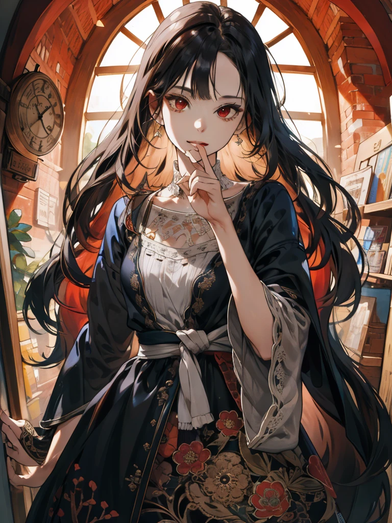 (absurdres, highres, ultra detailed), 1girl, mature female, wavy hair, long hair, blunt bangs, red eyes, dress, long sleeves, finely detailed eyes and detailed face, intricate details, BREAK mosaic art, small pieces, colorful tesserae, intricate patterns, tiled designs, durable surfaces, time-honored techniques BREAK macro photography, intricate details, magnified textures, stunning clarity, hidden beauty, immersive perspective BREAK , artisanal creations, handmade goods, unique designs, intricate details, creative expression, skilled craftsmanship, PerfectNwsjMajic