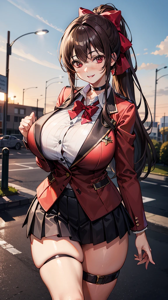 masterpiece, high quality, detailed eyes,
1girl, brown eyes, brown hair, side locks, bangs, long ponytail, hair bow, (woman:1.0), (huge :1.1), (voloptuous:1.0), (thick thighs:1.0), tall, leggy, light smile, (muscular:0.6),
solo, looking at viewer, street, sunset, standing, contrapposto, shirt, blazer, mini pleated skirt, ,, choker, thigh strap, skindentation,