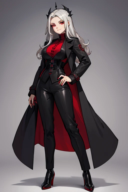 female, silver long hair with black highlights, red eyes, (((1girl))), (((red gothic coat))), (black shirt), (red pants), (black dress shoes), cute and sexy, full body, large breasts, large butt, long legs, smiling