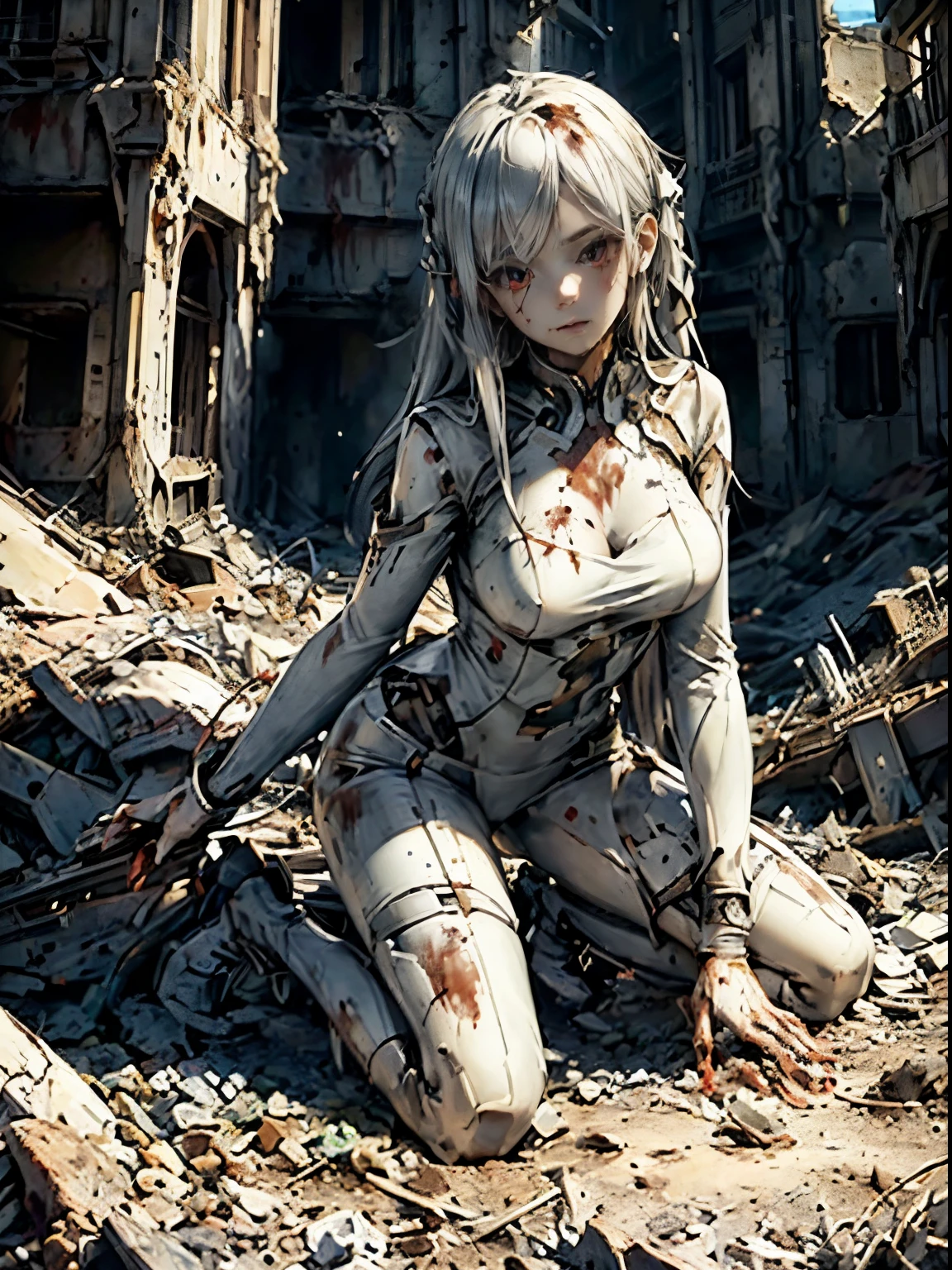masterpiece, best quality, ultra-detailed, glistening shiny, glowing light, ray tracing, HDR, deph of field, (perfect face, detailed face, detailed eyes), 8k,HD,ultra realistic face, ray tracing, perfect lighting, best quality, ultra-detailed, High resolution, 1girl, Full body, Description Girls, detail hands, Detail fingers, Detail Face, cute face, detail legs, overdetailed art, Fine details, medium breasts, medium ass, 8k, masterpiece, (ruin), (machine), (power cord), emotionless, white surgical gown, (sfw), white hair, long hair, red eyes, white skin, (((bloody))), (blood bath)