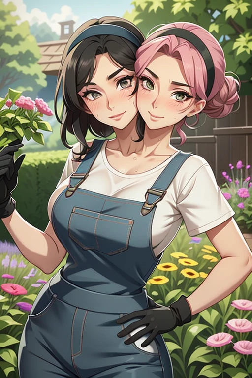 2heads, a tall thin woman with two heads. She is outside in a garden, she is gardening. She is very tall. She is very skinny. She has short black hair in a bun. She looks mature. She has very thick full lips. She is wearing overalls with a pink T-shirt underneath, and gardening gloves. She is wearing a bandana on her head. She is smiling. She is blushing. She looks sweaty and tired. Mature, milf. Flirty, flirtatious expression, flirty pose. Sweaty, sweating.