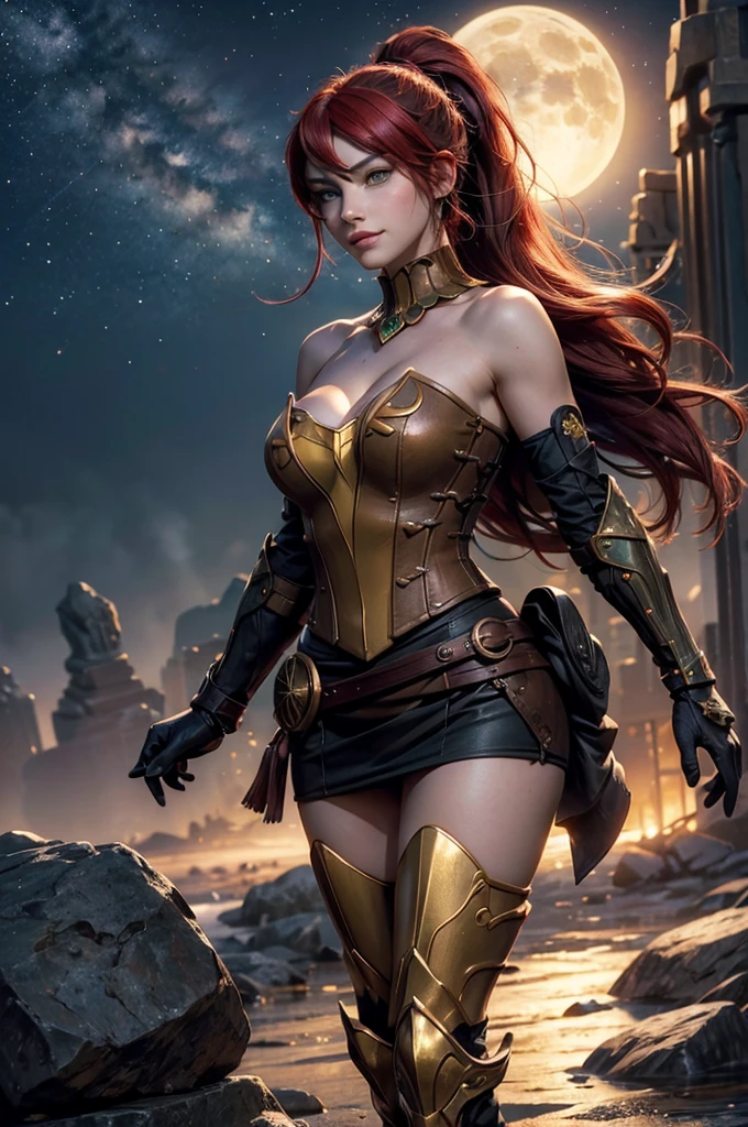 stunning girlfriend, heart shaped face, elegant face, beautiful face, highly detailed face, highly detailed skin, skin pores, subsurface scattering, realistic pupils, full lips, detailed background, depth of field, atmospheric perspective, volumetric lighting, sharp focus, absurdres, realistic proportions, good anatomy, (realistic, hyperrealistic:1.4), 16k hdr, ((best quality)), ((highly detailed)), absurdres, (detailed eyes, deep eyes), (1girl), full body, pyrrha nikos, rwby, red hair, ponytail, green eyes, medium breasts, smile, circlet, bustier, bare shoulders, skirt, elbow gloves, bracers, armored boots, night, stars, moonlight, standing, on mountain side, crowd