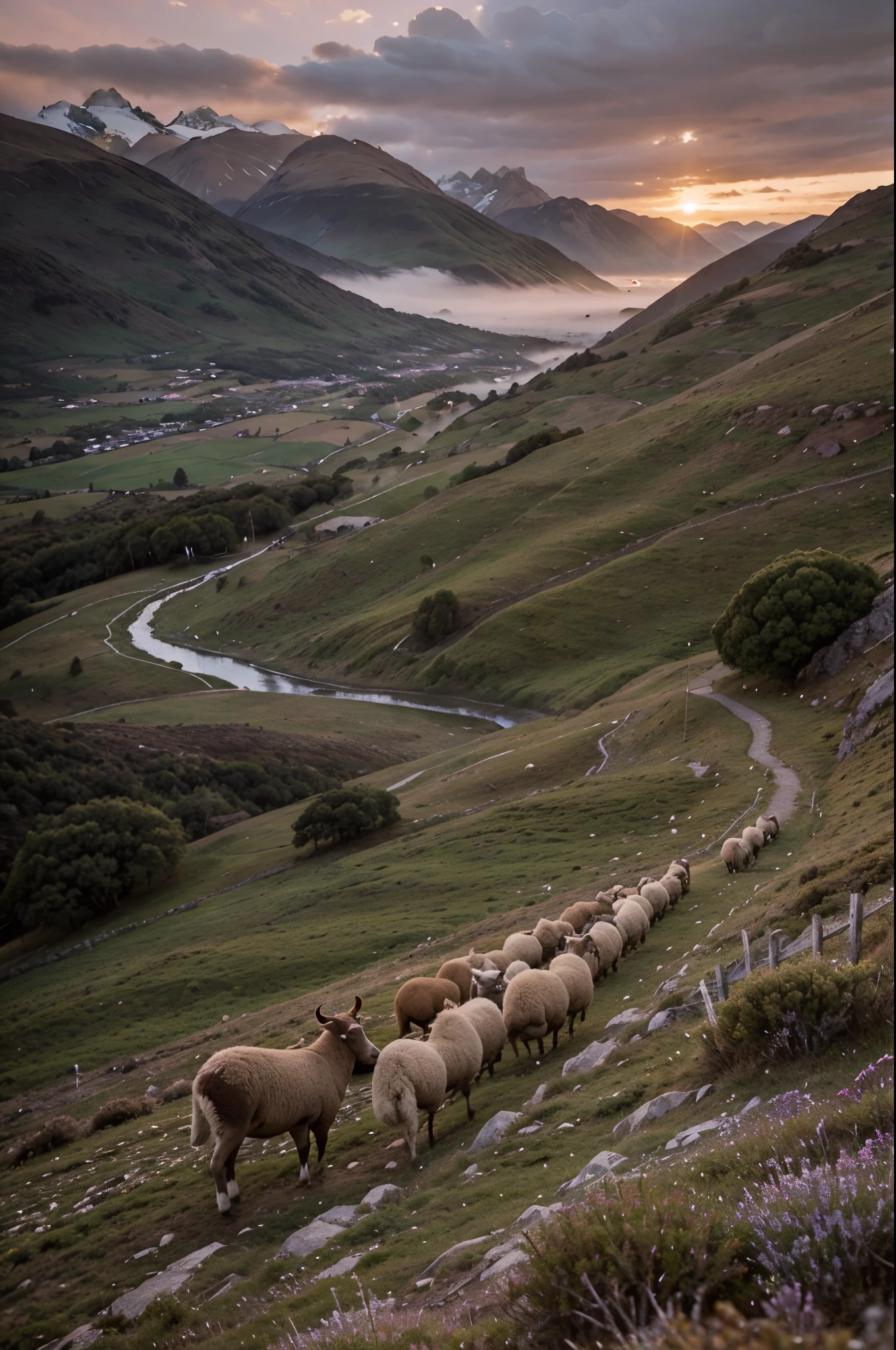 on a foggy morning, a few sheep going down steep hill in Patagonia at sunset, the misty background is unsharp

the sky turns pink
