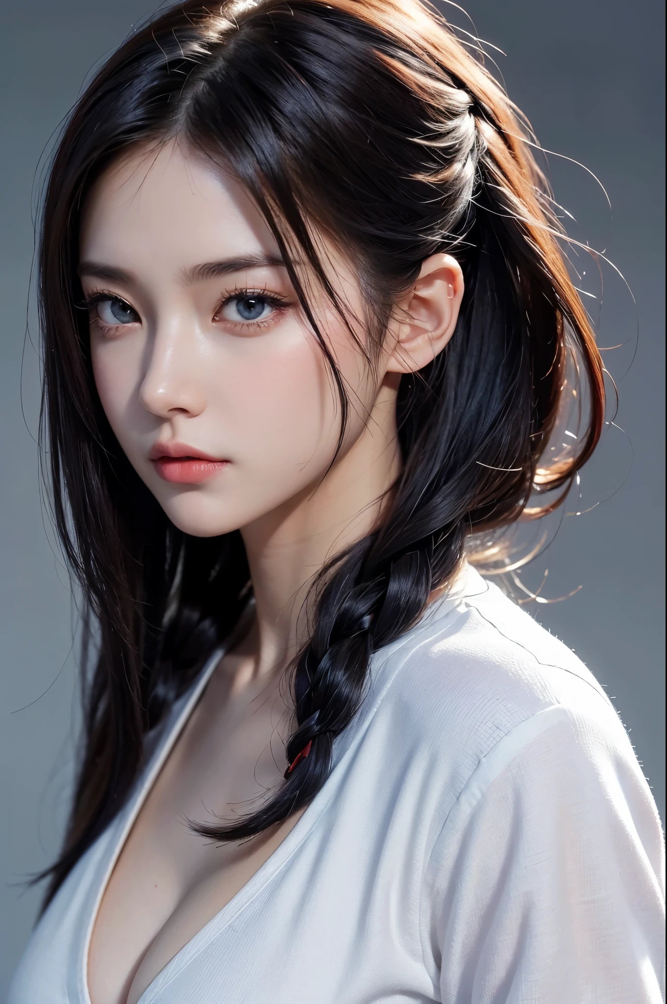 master piece,highest quality,High resolution,8K,(sports late),(Avatar close up),(RAW photo),real photos,digital photography,(female president),( Female Professionals),20 year old girl,random hairstyles,Red eyes and blue gradient hair),serious and persistent,cleavage, accessories,please keep your mouth shut,elegant and attractive,serious and arrogant,calm and handsome,(white woman'business wear),photo pose,realistic style,gray world background,oc rendering reflection texture