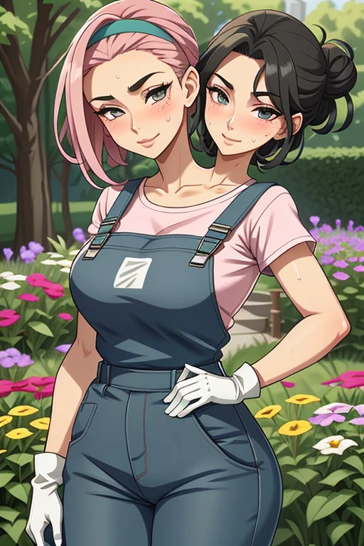 2heads, a tall thin woman with two heads. She is outside in a garden, she is gardening. She is very tall. She is very skinny. She has short black hair in a bun. She looks mature. She has very thick full lips. She is wearing overalls with a pink T-shirt underneath, and gardening gloves. She is wearing a bandana on her head. She is smiling. She is blushing. She looks sweaty and tired. Mature, milf. Flirty, flirtatious expression, flirty pose. Sweaty, sweating. 