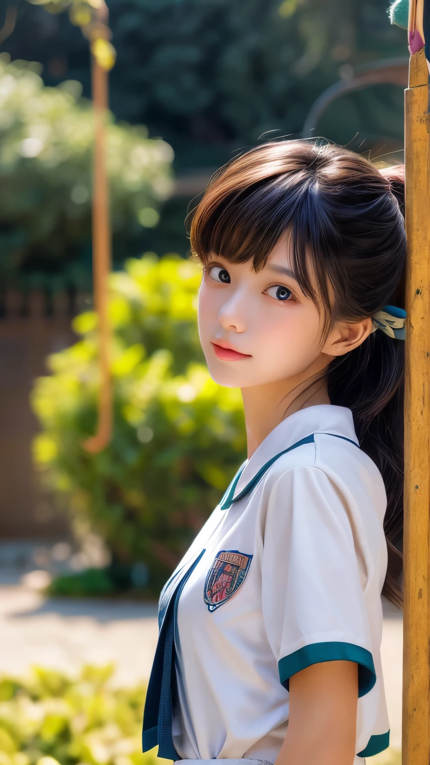 Dragon Ball　bloomers, futuristic scene, Mechanically enhanced Japanese high school girl、Elegant in an elaborate garden. She has beautifully detailed eyes and lips that complement her face. high school girl。.uniform。.。.。.。.。.。14 year old girl.. Around her are bright チューリップ and a quiet carp pond. The scenes are drawn using a combination of illustration and photorealism, Rose,Highly detailed brush strokes and sharpness, bright colors. Lighting that highlights the elegance of the uniform, gives softness to the skin, porcelain shine。. Artwork is of the highest quality, Exquisite costume details on display, Rose, . The overall color scheme is、、、、、、、、、、、、、、、traditional Japanese color combinations, crimson, hang on., bus stop、sit on a swing、Headphones around the neck、Side view、Side view、whole body、cute clothes、from far away、Open the center、Big eyes、random pose、whole body、jogging