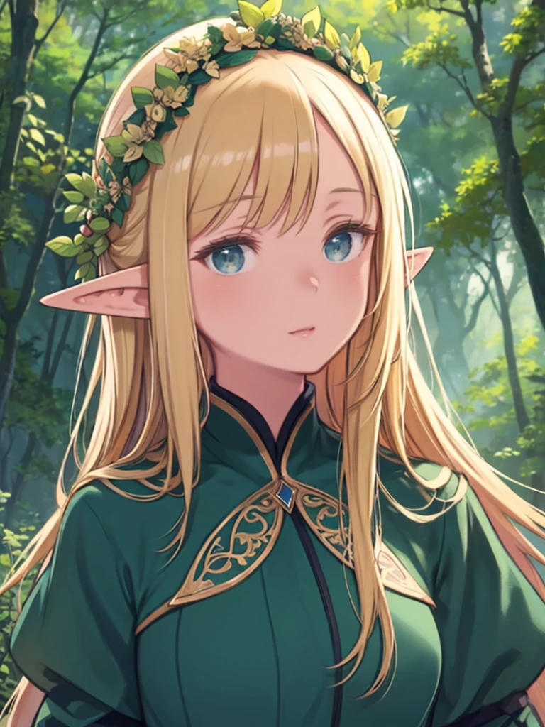 masterpiece、highest quality、High resolution、Very detailed、Close-up of face、Mature Woman、Blonde、long hair、Elf、Long ears、in the forest、Green clothes、