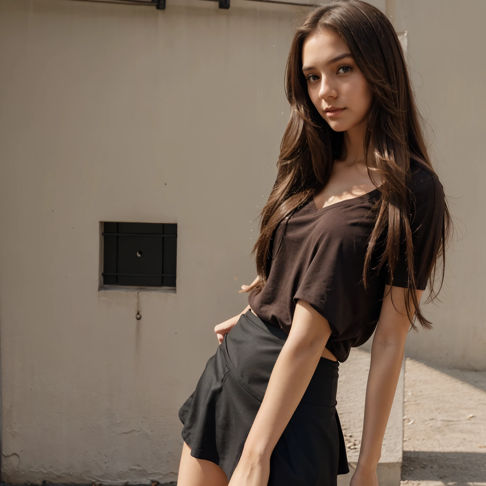 Brown long hair girl wearing a v neck shirt and tight black short skirt