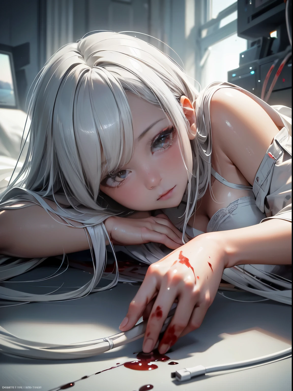 masterpiece, best quality, ultra-detailed, glistening shiny, glowing light, ray tracing, HDR, deph of field, (perfect face, detailed face, detailed eyes), 8k,HD,ultra realistic face, ray tracing, perfect lighting, best quality, ultra-detailed, High resolution, 1girl, Full body, Description Girls, detail hands, Detail fingers, Detail Face, cute face, detail legs, overdetailed art, Fine details, medium breasts, medium ass, 8k, masterpiece, lying on floor, (lying on back), (white room), (machine), (power cord), emotionless, white surgical gown, (sfw), white hair, long hair, red eyes, white skin, (((bloody))), (blood bath)