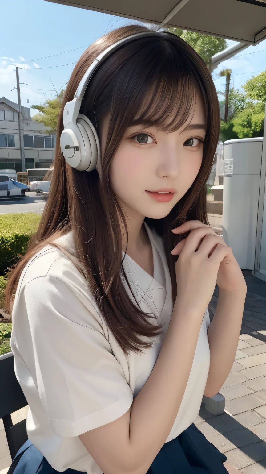 Dragon Ball　bloomers, futuristic scene, Mechanically enhanced Japanese high school girl、Elegant in an elaborate garden. She has beautifully detailed eyes and lips that complement her face. high school girl。.uniform。.。.。.。.。.。14 year old girl.. Around her are bright チューリップ and a quiet carp pond. The scenes are drawn using a combination of illustration and photorealism, Rose,Highly detailed brush strokes and sharpness, bright colors. Lighting that highlights the elegance of the uniform, gives softness to the skin, porcelain shine。. Artwork is of the highest quality, Exquisite costume details on display, Rose, . The overall color scheme is、、、、、、、、、、、、、、、traditional Japanese color combinations, crimson, hang on., bus stop、sit on a swing、Headphones around the neck、Side view、Side view、whole body、cute clothes、from far away、Open the center、Big eyes、random pose、whole body、jogging