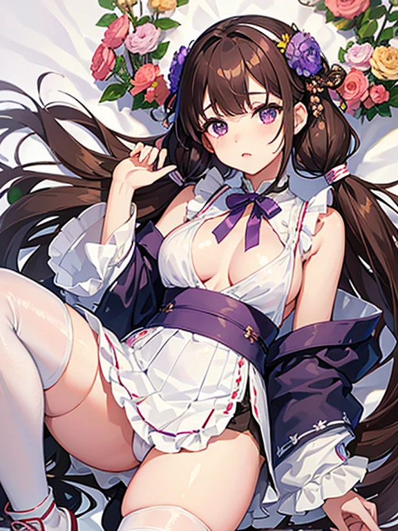 A baby-faced girl in her late s、Purple eyes、Brown hair tied in twin tails with floral ribbons、C cup breasts、The white mini shrine maiden costume was sleeveless and clung tightly to the skin., In a mini skirt that shows your shoulders, Underarm, And side .、Black Stockings、Brown High Boots、