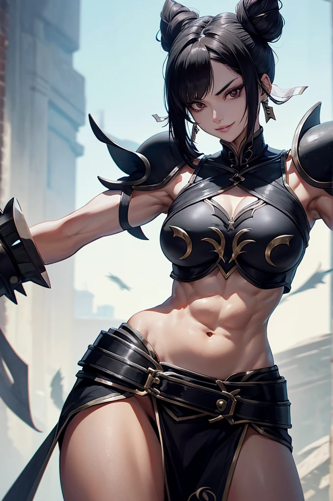 (high resolution, pixel perfect, gorgeous illustrations), (hyper quality, muste piece, etheric: 1.4), ((nsfw)), (((cowboy shot))), face focus, ((1girl)), (((Androgynous))), ((((sexy pose, open stance)))), cool atmosphere, black hair, ((((bob cut)))), (((Exquisite face))), blush, ((female)), (ideal ratio body proportions, slender, small breasts), (((naked_armor, thong))), sweat, shiny skin, gleaming skin, simple background,