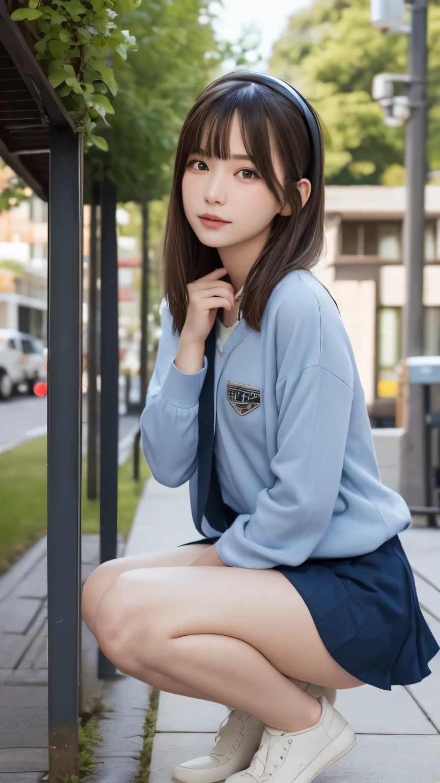 Very smile,(beste Quality),(A masterpie),(超detailded),(Hi-Res),(8k portrait),production art、full full body,park bench、sitting on、Hands tucked between crotches、Open legs、1人,独奏,kawaii、Streets,daytime,A blue sky,(Vents:1.4),delicate faces,small head、brown eyess,Short sleeve uniform,Silver-blue striped tie,Blue tartan skirt,Black tote bag、smile on face、happiness、Soft lighting,