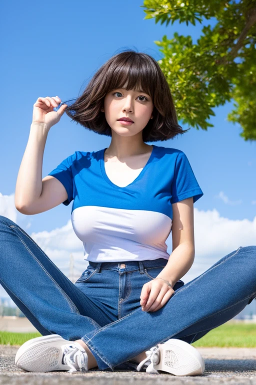 Shortcuts、Japanese、Tanuki face、Big Breasts、Plain T-shirt and jeans、Wearing sneakers、Photo with blue sky as background