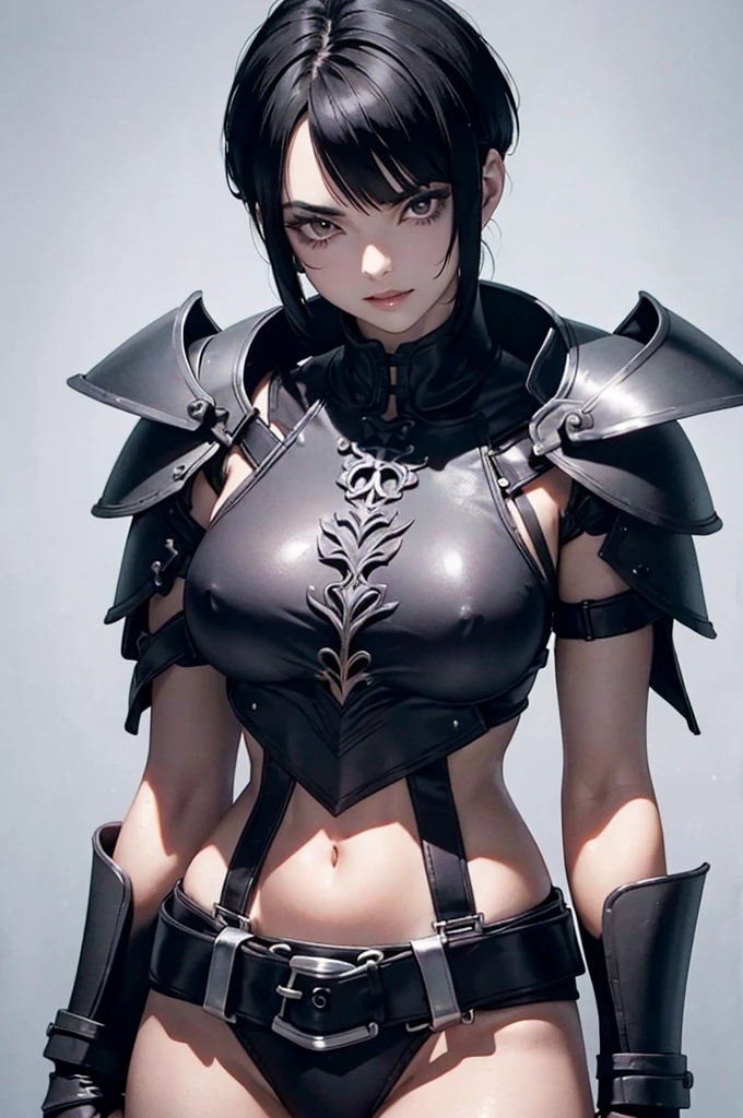 mulher jovem,short black hair , badass , full ancient armor,coxas torneadas,Evil Smile,juri han,chifres de cabelo,detalhes do corpo
