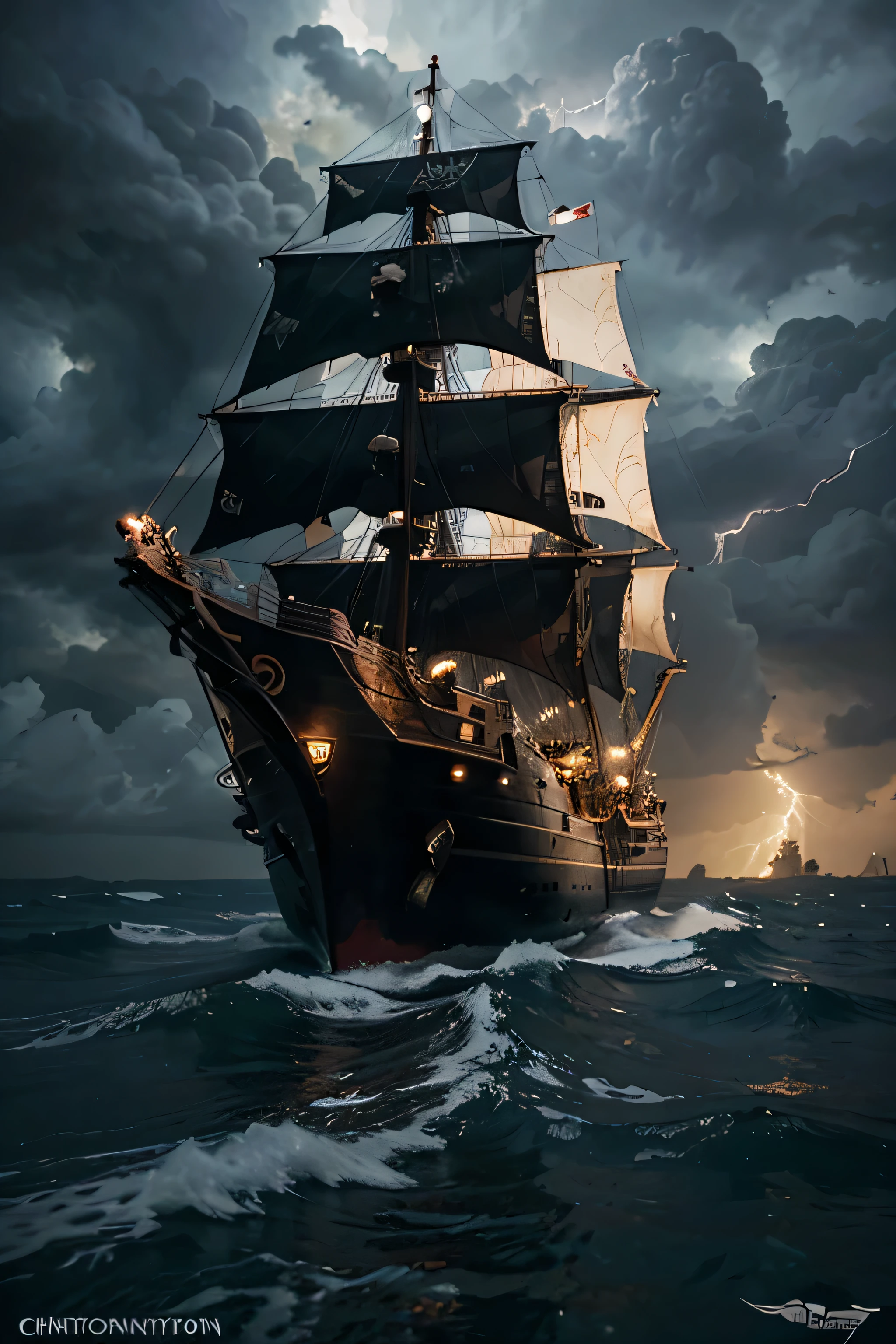 a lightening pirate ship in a stormy mithicy occion