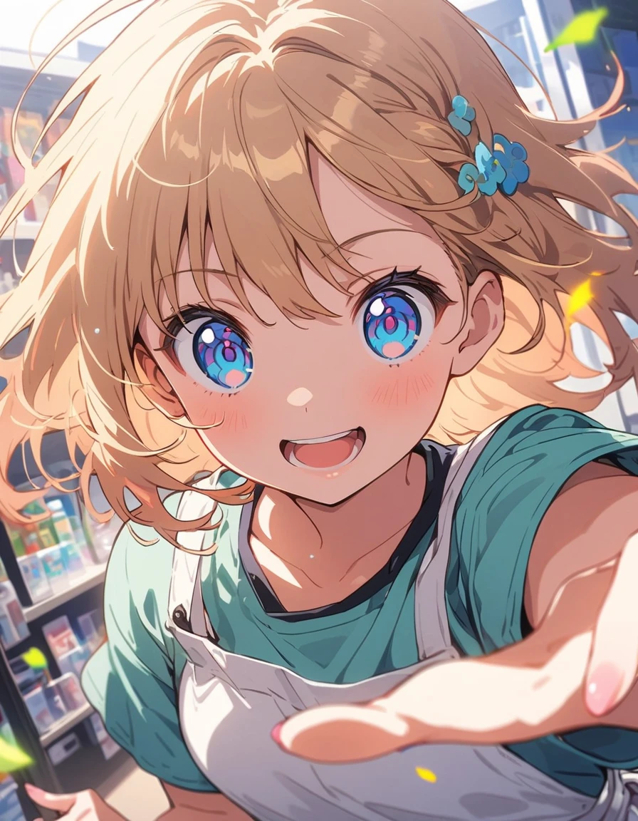 1 girl、Confused eyes、(Game shop clerk、Casual outfit of jeans and a T-shirt、Shop apron、In the game store)、Background Blur、(highest quality、masterpiece、High resolution、detailed)、animeスタイル、Flat Style、, BREAK,(Beautiful Eyes, Delicate and beautiful face,), extremely detailed、,1 girl、floating, (High saturation), (Shine), Focus on the face, Dynamic Angle、anime