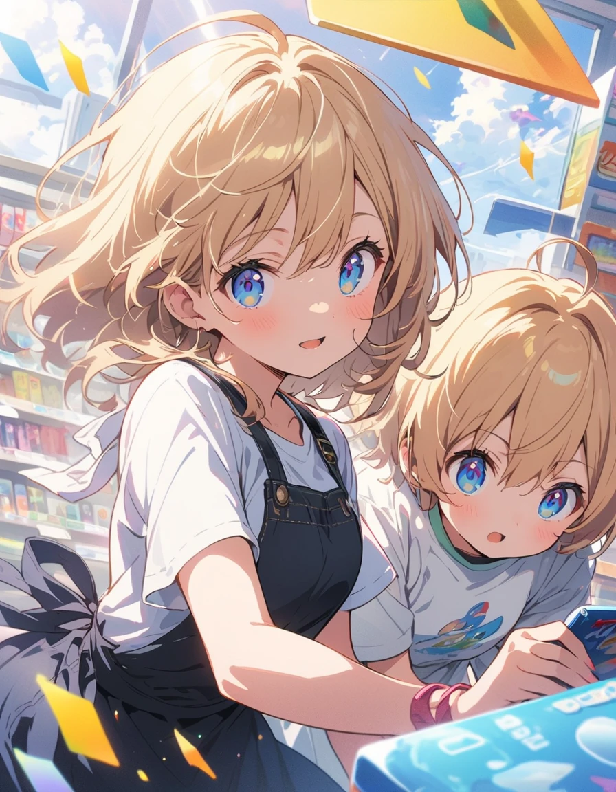 1 girl、Confused eyes、(Game shop clerk、Casual outfit of jeans and a T-shirt、Shop apron、In the game store)、Background Blur、(highest quality、masterpiece、High resolution、detailed)、animeスタイル、Flat Style、, BREAK,(Beautiful Eyes, Delicate and beautiful face,), extremely detailed、,1 girl、floating, (High saturation), (Shine), Focus on the face, Dynamic Angle、anime