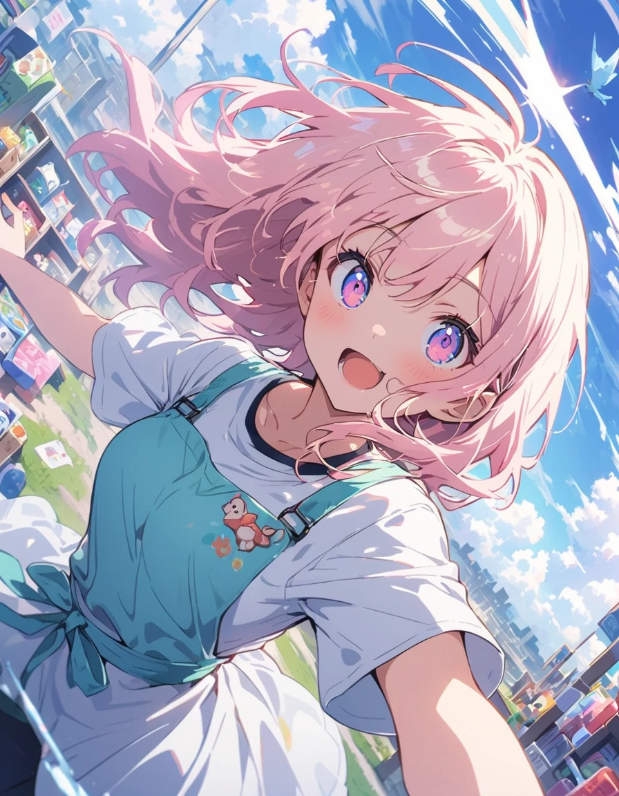 1 girl、Confused eyes、(Game shop clerk、Casual outfit of jeans and a T-shirt、Shop apron、In the game store)、Background Blur、(highest quality、masterpiece、High resolution、detailed)、animeスタイル、Flat Style、, BREAK,(Beautiful Eyes, Delicate and beautiful face,), extremely detailed、,1 girl、floating, (High saturation), (Shine), Focus on the face, Dynamic Angle、anime