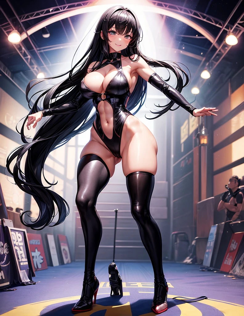 beautiful girl、Fighter、Black Hair、long hair、Big Breasts、sexy、Sexy、A gentle smile、Racy leotard、High leg、Wristband、Gloves、Long shoes、canvaat、On the Ring、Match in the ring、venue、The whole body is visible、Abdominal muscles、one person、High kick on one leg、High kick pose