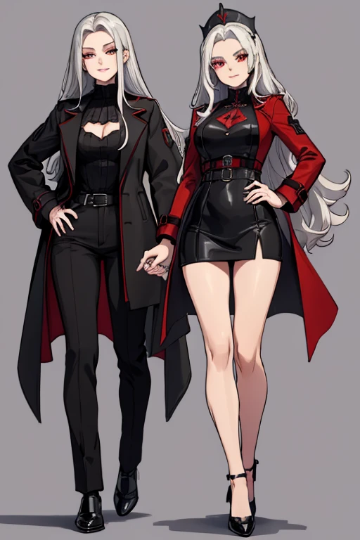 female, silver long hair with black highlights, red eyes, (((1girl))), (((red gothic coat))), (black shirt), (red pants), (black dress shoes), cute and sexy, full body, large breasts, large butt, long legs, smiling