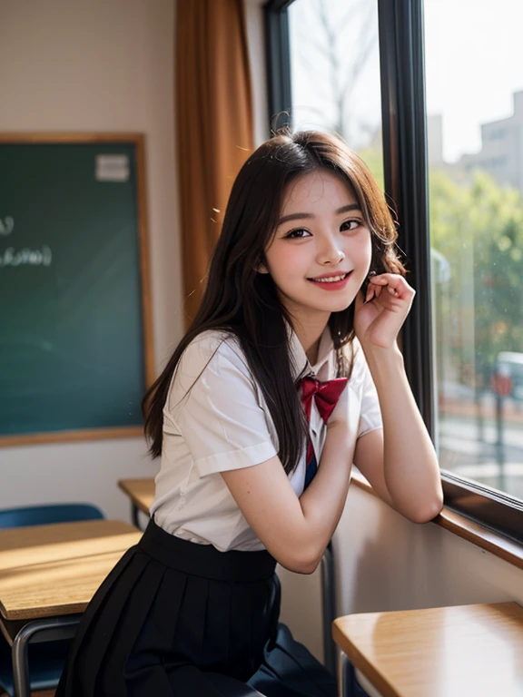 1girl in,8K, Raw photography, top-quality, masterpiece, realisitic, Photorealsitic, A smile, Uniform, Pretty beauty,High School Classroom, The upper part of the body,