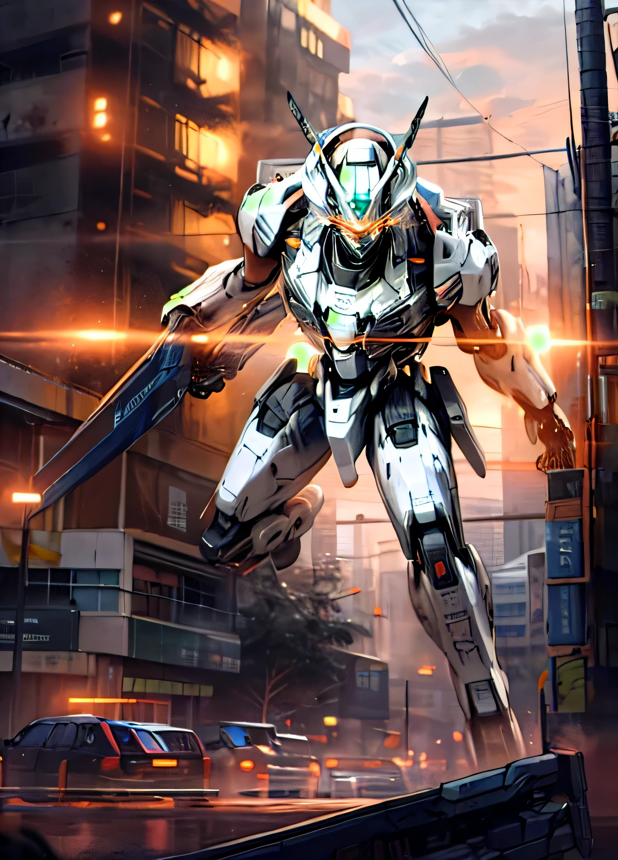 sky, cloud, holding_weapon, no_humans, glowing, , robot, building, glowing_eyes, mecha, science_fiction, city, realistic,mecha
