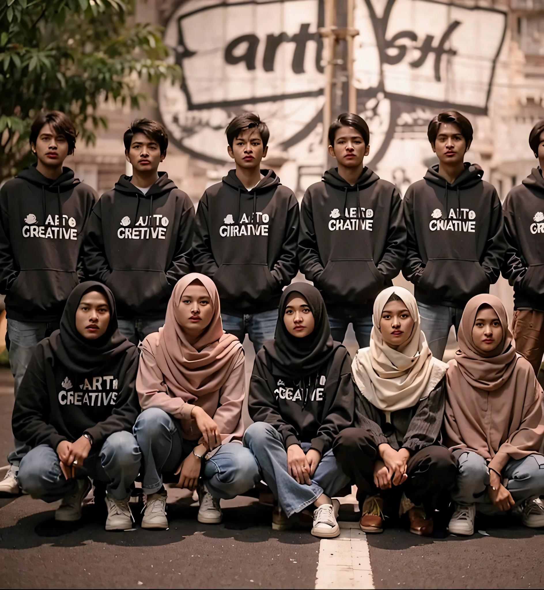 collection of 5 WOMAN wearing hijab and 4 boys, they are indonesian people. made with 9 slide features vivid colors, expressive eyes, and engaging poses, showcasing their unique personalities.,real photo