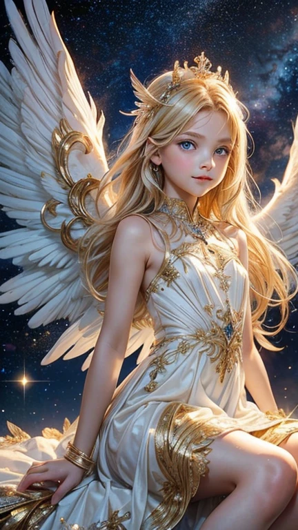 from the front, Look directly at the viewer,A beautiful angel about 8 , A kind smile, Big Blue Eyes, blonde,Beautiful gold carved hair ornament、 Soft white dress, Angel wings on the back, Space background with many shining stars, A small white bird is perched on my hand, Realistic,High resolution８hair

