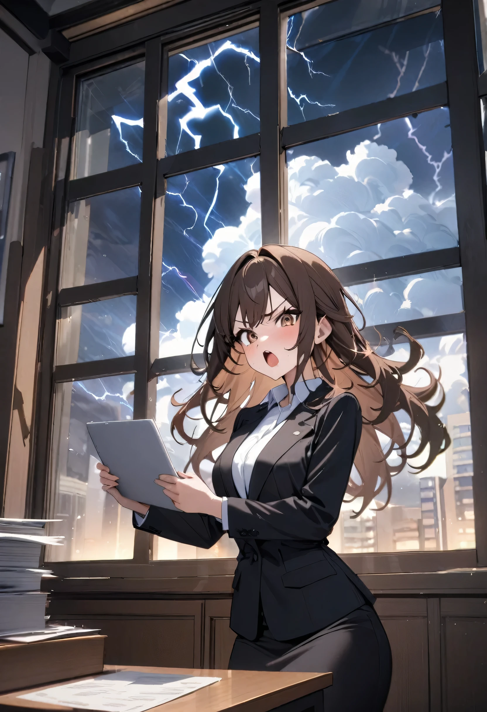 masterpiece, best quality, very aesthetic, absurdres, newest, 1girl, solo, upper body, shouting, V eyebrows, open mouth, looking at viewer, long hair, brown hair, brown eyes, office suit, pencil skirt, (holding laptop and papers), office, presentation, ( window, thunder cloud, sparkle, lightning effect:1.3)