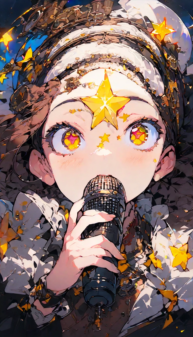 1 girl、star, sing, Perfect Face, Beautiful proportions, Move the microphone closer to your mouth,Beautiful Night、 steampunk、floating, (High saturation), Focus on the face, (highest quality、masterpiece、High resolution、detailed)、animeスタイル、Flat Style、(Shining Eyes、detailed美しい顔), BREAK,extremely detailed、(The Shining), Best lighting, Best Shadow、Dynamic Angle、anime