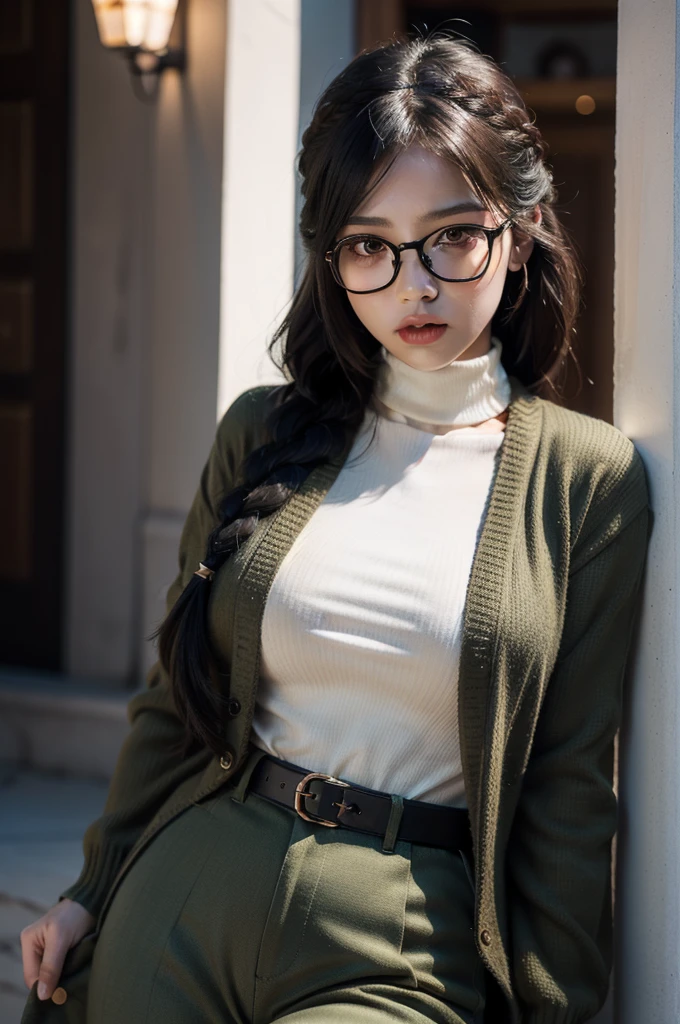 (masterpiece1.5),adult lady,Huge breasts,Solo,(((braid))), Long hair, half-opened mouth,(Red Frame Glasses),(Black hair), (large eyes with double eyelids),(Thick lip),(lofty nose),(High gauge (tight fitted:1.1) (Black:1.3) turtle neck:1.1), (Tuck-in:1.3), (Orange Cardigan:1.2), (checkered (Dark olive green) Tapered pants:1.3), Dark brown belt, Gold necklace, (Dark brown:1.1) lowfers,Nice backgrounds for your subject、beatiful backgrounds、spot light、Vibrant colors、(((Detailed drawing)))、Perfect Beautiful Girl