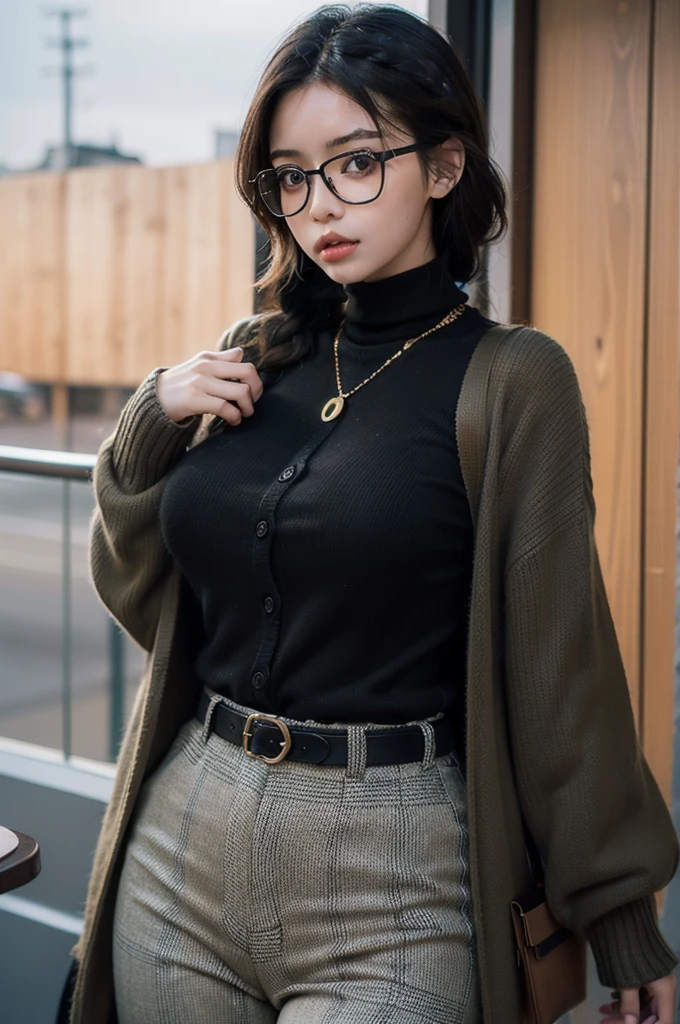 (masterpiece1.5),adult lady,Huge breasts,Solo,(((braid))), Long hair, half-opened mouth,(Red Frame Glasses),(Black hair), (large eyes with double eyelids),(Thick lip),(lofty nose),(High gauge (tight fitted:1.1) (Black:1.3) turtle neck:1.1), (Tuck-in:1.3), (Orange Cardigan:1.2), (checkered (Dark olive green) Tapered pants:1.3), Dark brown belt, Gold necklace, (Dark brown:1.1) lowfers,Nice backgrounds for your subject、beatiful backgrounds、spot light、Vibrant colors、(((Detailed drawing)))、Perfect Beautiful Girl