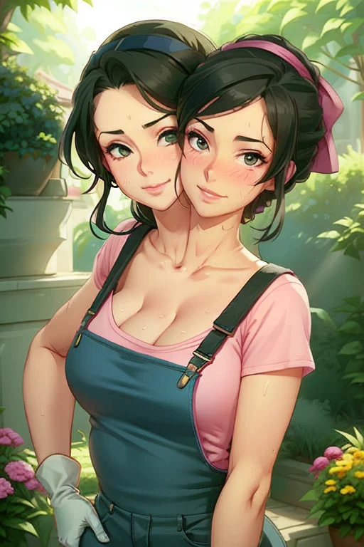 2heads, a tall thin woman with two heads. She is outside in a garden, she is gardening. She is very tall. She is very skinny. She has short black hair in a bun. She looks mature. She has very thick full lips. She is wearing overalls with a pink T-shirt underneath, and gardening gloves. She is wearing a bandana on her head. She is smiling. She is blushing. She looks sweaty and tired. Mature, milf. Flirty, flirtatious expression, flirty pose. Sweaty, sweating. 