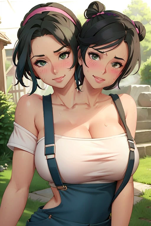 2heads, a tall thin woman with two heads. She is outside in a garden, she is gardening. She is very tall. She is very skinny. She has short black hair in a bun. She looks mature. She has very thick full lips. She is wearing overalls with a pink T-shirt underneath, and gardening gloves. She is wearing a bandana on her head. She is smiling. She is blushing. She looks sweaty and tired. Mature, milf. Flirty, flirtatious expression, flirty pose. Sweaty, sweating. 