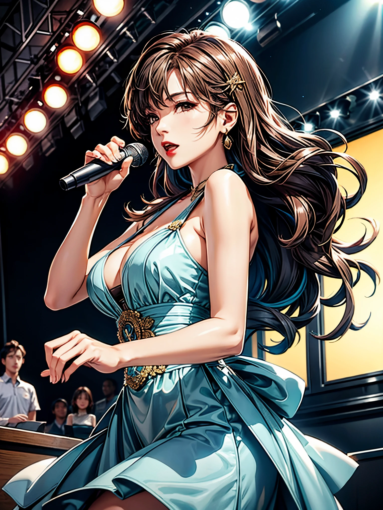 1lady solo, K-POP artist, (singing:1.2) (dynamic posing:1.2), (stylish outfit), mature female, /(brown hair streaked sky-blue hair end/) bangasterpiece best quality:1.2) delicate illustration ultra-detailed, large breasts BREAK, (holding a microphone) , one hand up, BREAK (music stage) indoors, various colored spotlight, audience