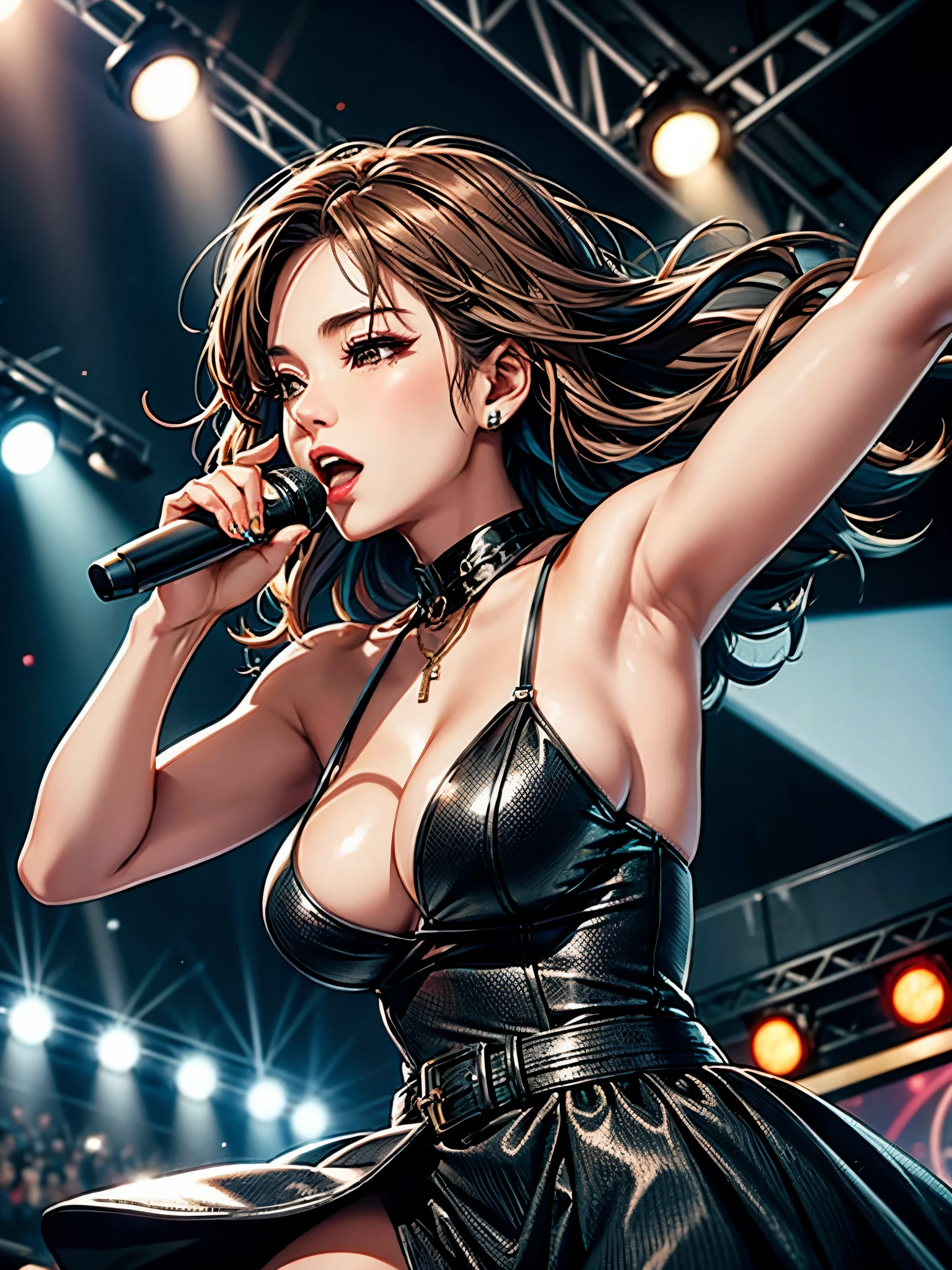 1lady solo, K-POP artist, (singing:1.2) (dynamic posing:1.2), (stylish outfit), mature female, /(brown hair streaked sky-blue hair end/) bangasterpiece best quality:1.2) delicate illustration ultra-detailed, large breasts BREAK, (holding a microphone) , one hand up, BREAK (music stage) indoors, various colored spotlight, audience