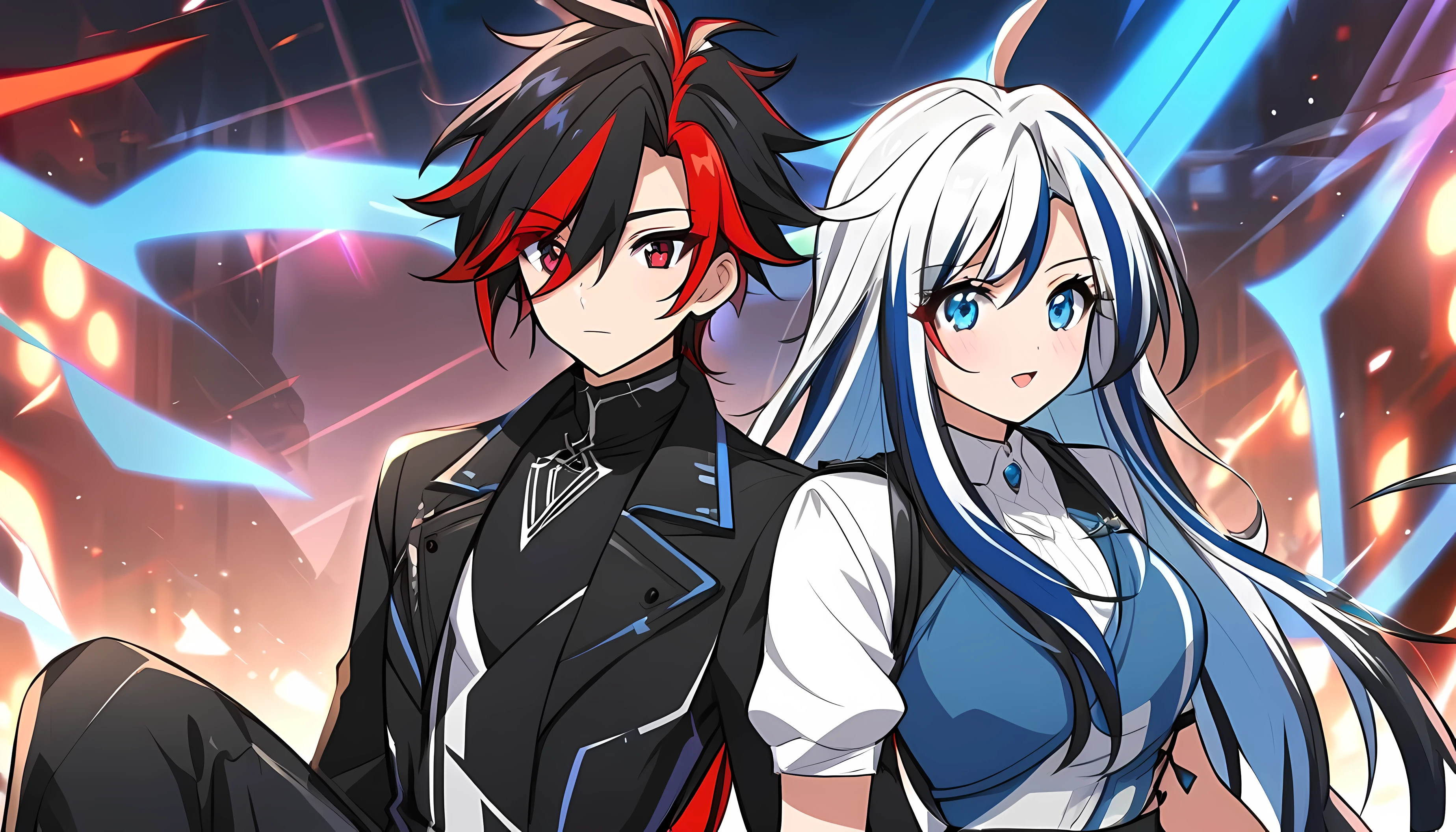 Anime Design, 1male(black red hair,multicolored hair,male,White shirt,black outfit), 1female(blue white hair,multicolored hair,female,girl,blue outfit) ,teamup