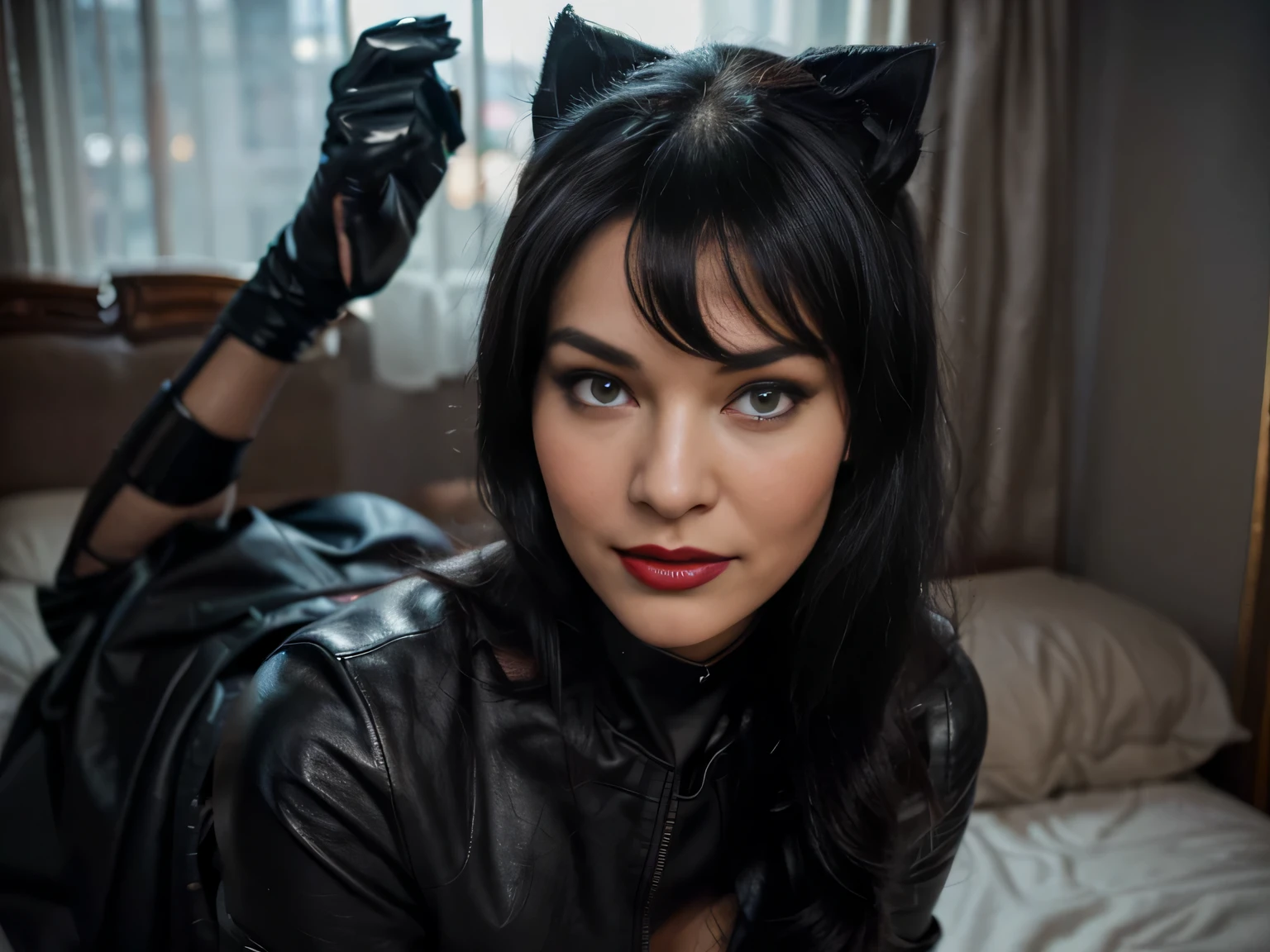 proFessional portrait photograph oF a gorgeous smiling catwoman,Bettie page girl in winter clothing ,ponytail Black hair, red lipstick,black long maxi-skirt(black long maxi-skirt:1.2),sultry Flirty look, gorgeous symmetrical Face, joli maquillage naturel, wearing elegant warm winter Fashion clothing,flirting with the camera, ((black leather gloves)),  (standing in front of me in my dark hotel room waitin for love )), ultra realistic, art conceptuel, elegant, Very detailed, complexe, sharp Focus, depth oF Field, F/1. 8, 85mm, (((proFessionally color graded))), bright soFt diFFused light, (volumetric Fog), tendance sur Instagram, hdr 4k, 8K