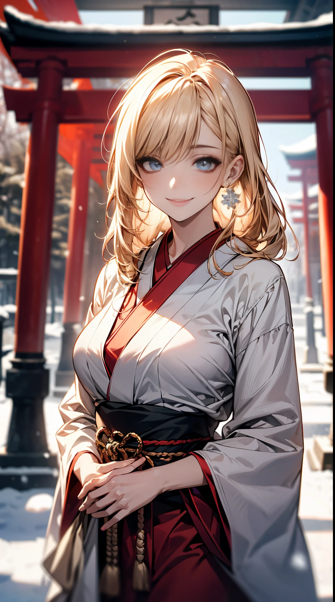 (masterpiece, best quality:1.2), (high resolution, 8K RAW Photos, Practical, Be focused), (Natural light, Textile shading), leave, focus alone, Upper Body, 1 Mature woman, 28 years old, (Mature woman:1.5), Sexy, Put your hands together, pray, Smile, Light Blonde Hair, Medium-length hair, Posterior hair on one ear, Half up half down hairstyle, blue eyes, Miko costums, Permanent, In the Zen garden of a Japanese temple, In front of the torii gate, In winter, snow覆盖的地面, snow, snowflake, Snow, Depth of Field, Bokeh, (Correct anatomy, Ideal body proportions),