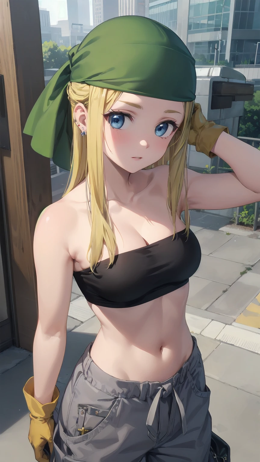 (((Pixel Perfect, Perfect detail))),
winry rockbell, blue eyes, blonde hair, gloves, navel, cleavage, bare shoulders, collarbone, earrings, midriff, pants, stomach, bare arms, strapless, bandana, bandeau, tube top, grey gloves,outdoor