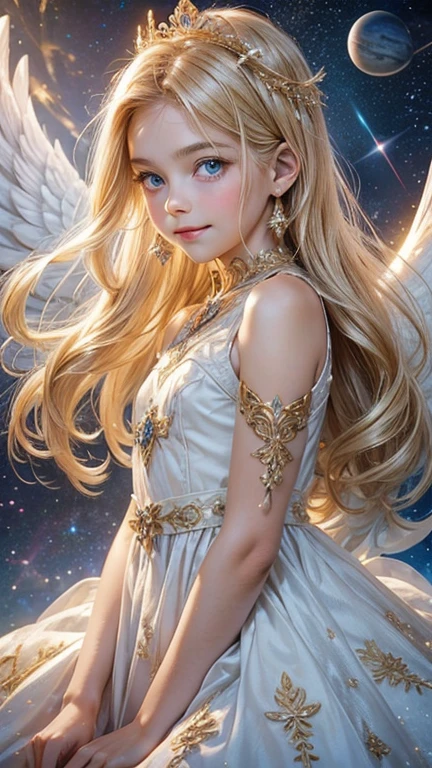 from the front, Look directly at the viewer,A beautiful angel about , A kind smile, Big Blue Eyes, blonde,Beautiful gold carved hair ornament、 Soft white dress, Angel wings on the back, Space background with many shining stars, A small white bird is perched on my hand, Realistic,High resolution8hair