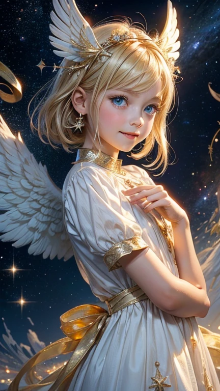 from the front, Look directly at the viewer,A beautiful angel about 8 , A kind smile, Big Blue Eyes, blonde,Beautiful gold carved hair ornament、 Soft white dress, Angel wings on the back, Space background with many shining stars, A small white bird is perched on my hand, Realistic,High resolution8hair