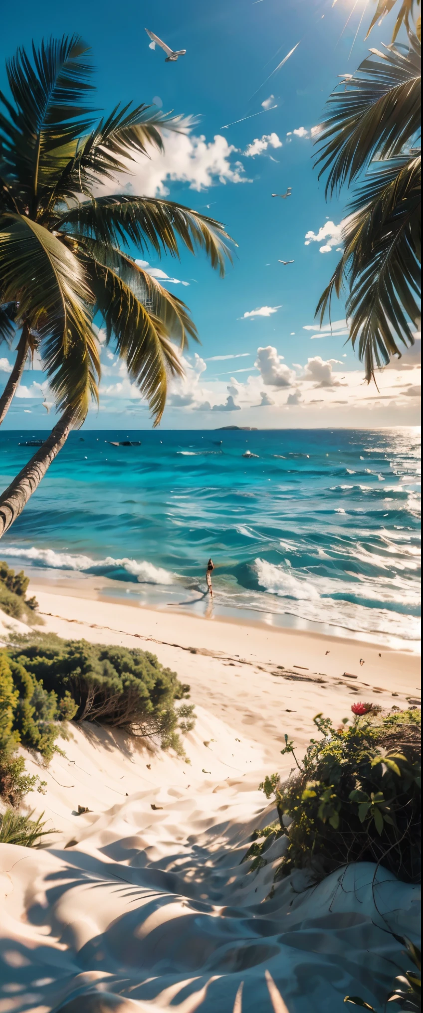 ((masterpiece, highest quality, Highest image quality, High resolution, photorealistic, Raw photo, 8K)), ((Extremely detailed CG unified 8k wallpaper)), Blue Coast, Blue ocean, white sandy beaches, palm trees lining the beach, strong sunlight, deep shadows, fresh breeze, 