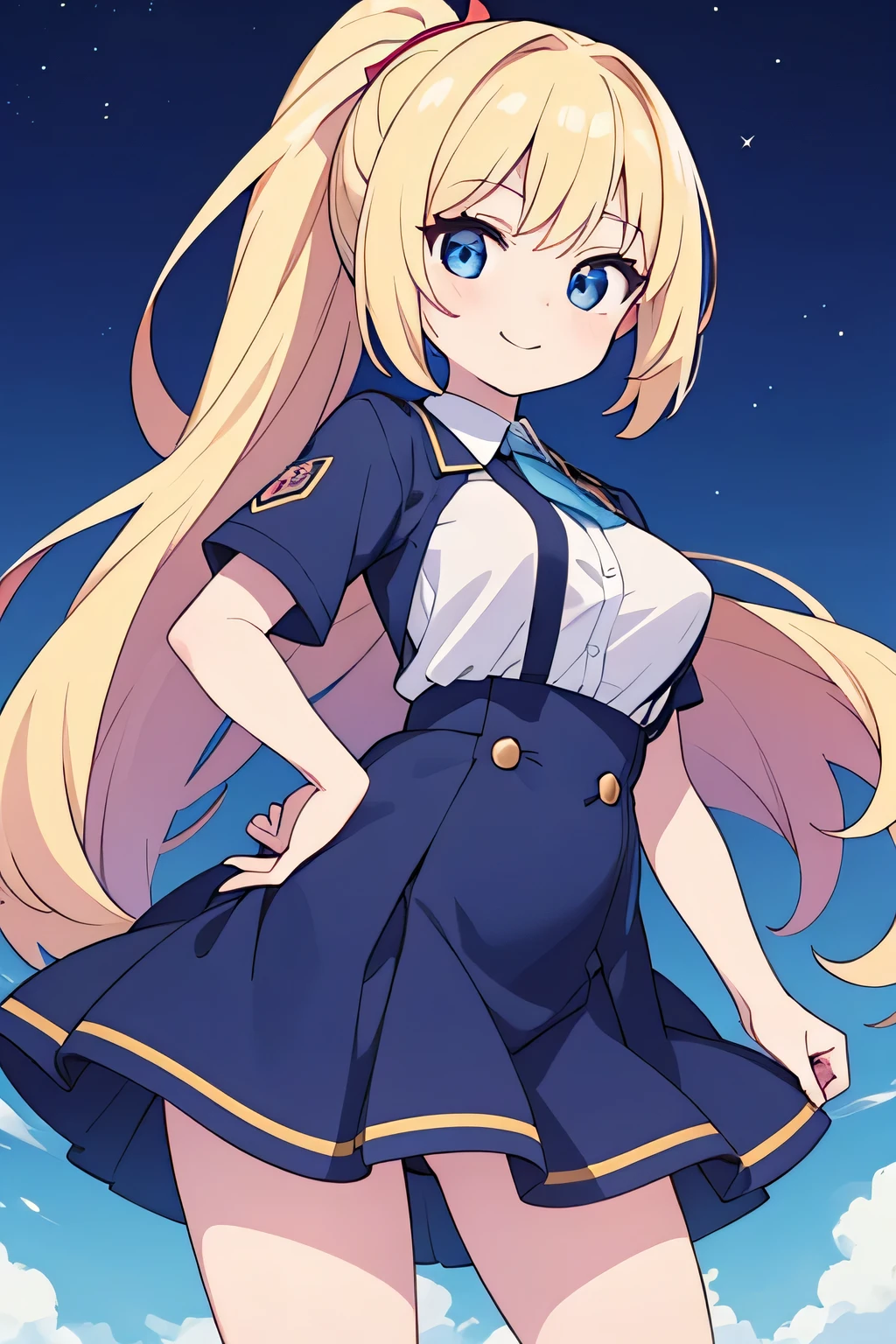 Naughty woman, , Wearing a uniform, Navy Skirt, Long skirt, Wear a shirt, close, anime, anime movie, Twinkle smile, pale blue eyes, Blonde ponytail、plump breasts、slender